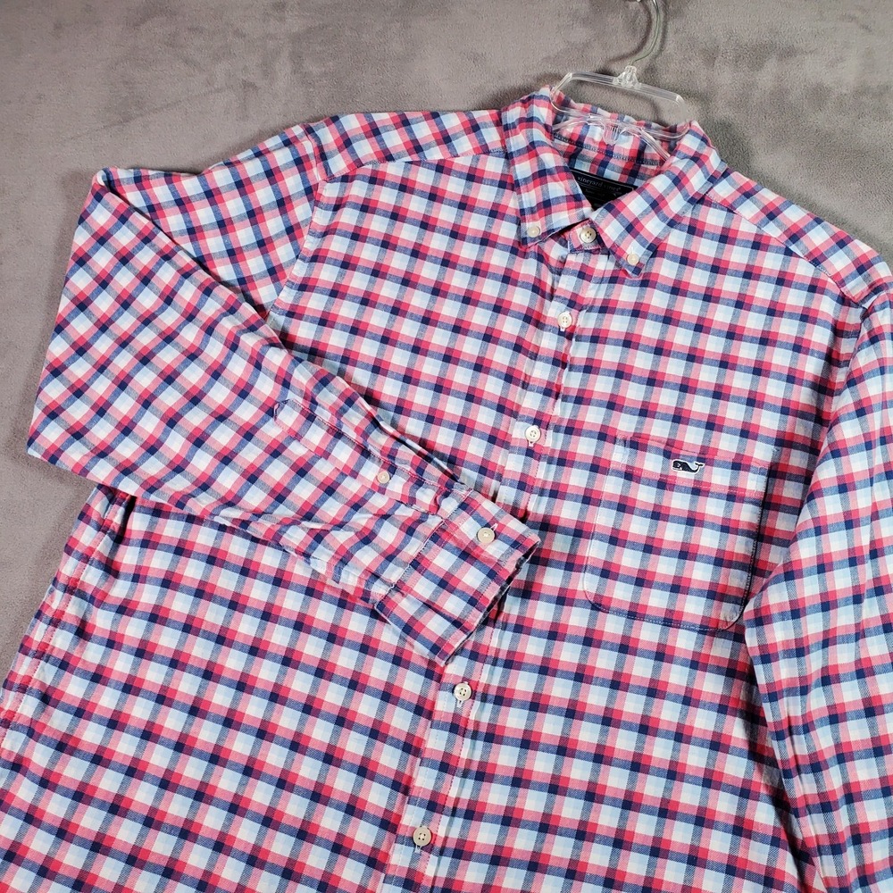 Vineyard Vines Shirt Mens L Pink White Blue Plaid Flannel Classic Fit Preppy